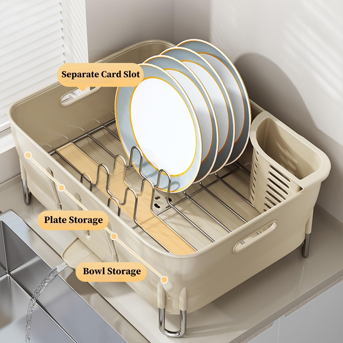 Escurridor de cubiertos de plástico para fregadero de cocina con panel de drenaje para encimera para un secado eficiente y