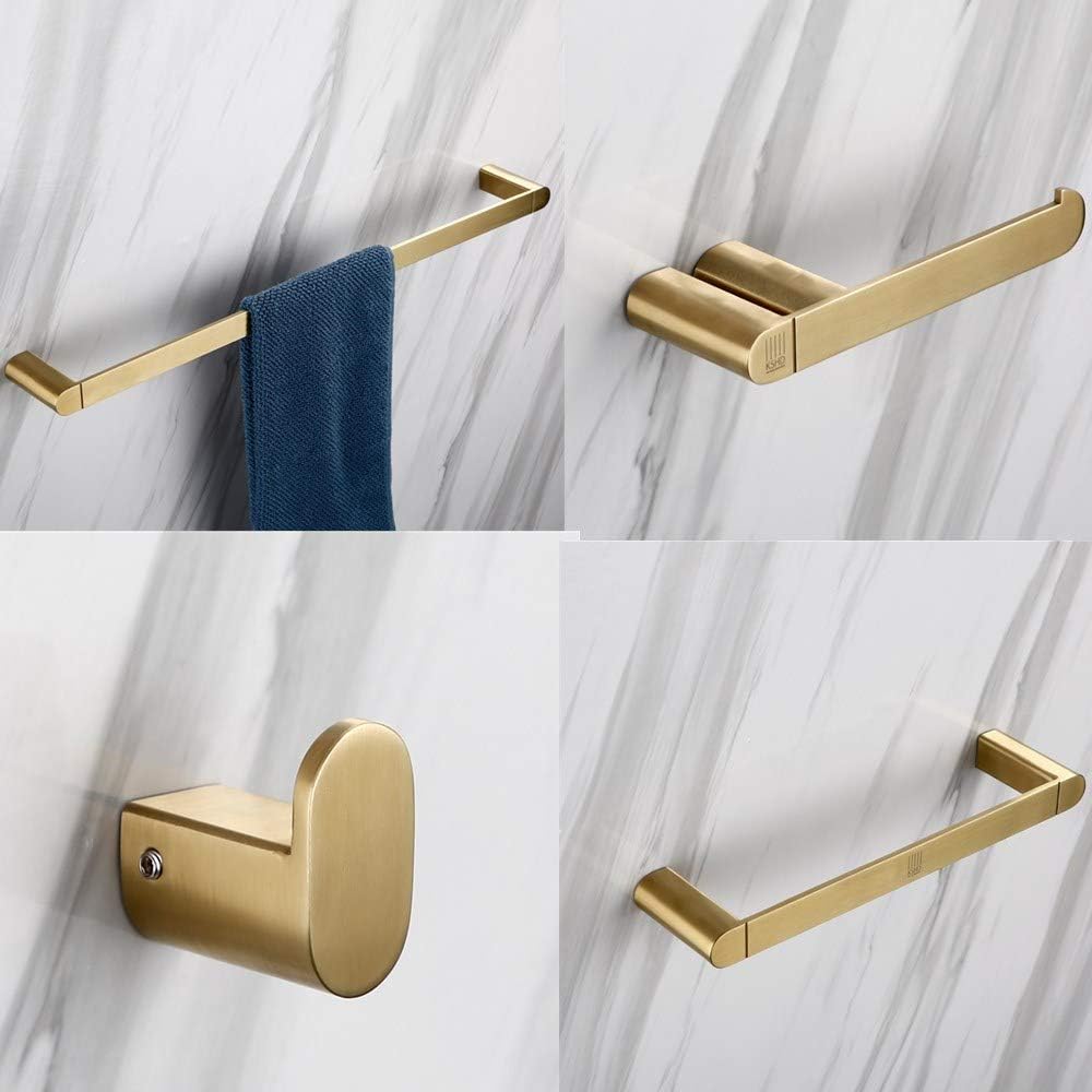 AOTAKE 4 Pieces Brushed Gold Bathroom Accessories Set Wall Mounted,Towel Bar Towel Ring Coat Hook, Toilet Paper Holder SUS304 Stainless Steel