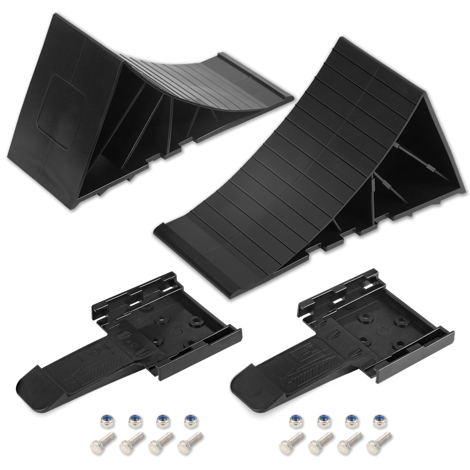 OULEME Unterlegkeile [2er Set] mit Montagematerial | Radvorleger für Pkw Anhänger, Wohnmobil, Wohnwagen | Bis 1600 kg | Schwarz