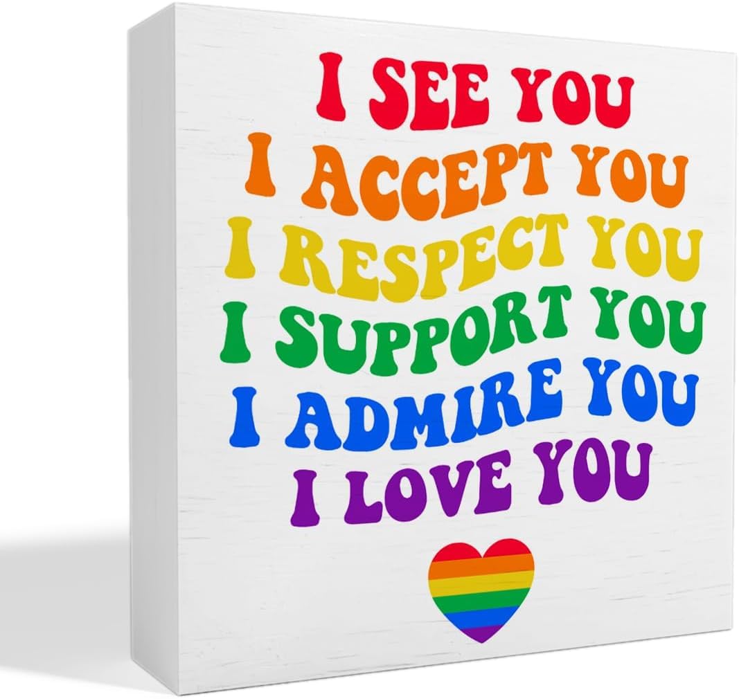 5x5 Inch Rainbow Affirmation Box Sign, Wooden Pride Desk Decor