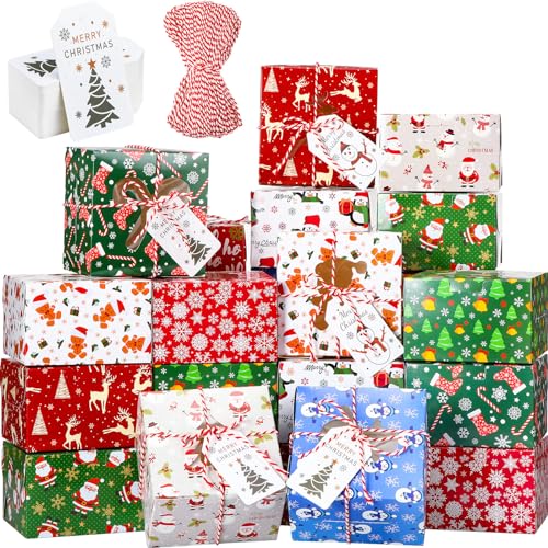 Maxcheck Paquete de 100 cajas de galletas de Navidad con ventana de 4 x 4 x 2.5 pulgadas, cajas de regalo de Navidad, panadería, dulces, contenedores de regalo con cordel y etiquetas de regalo para