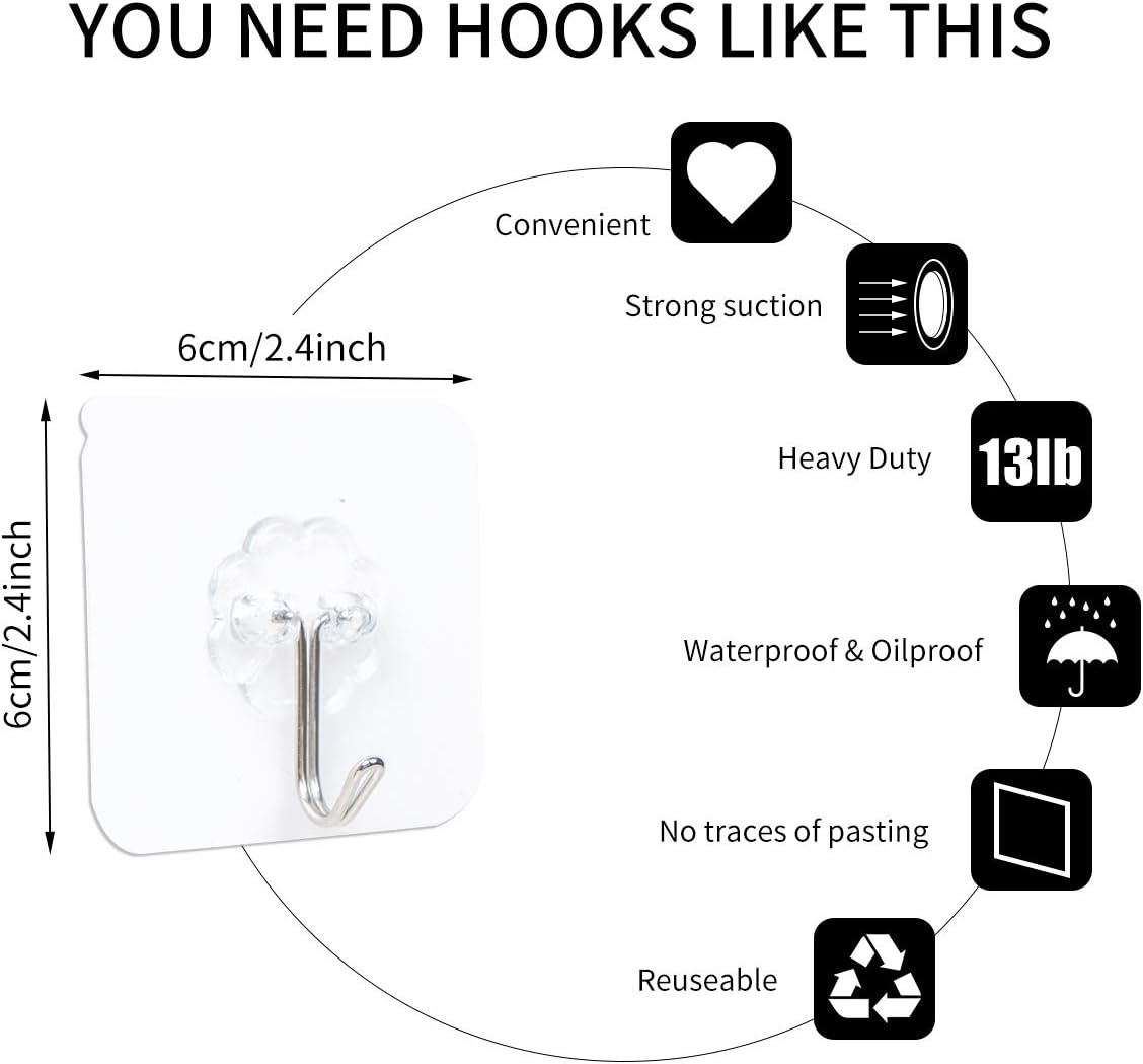 Sunrans Adhesive Hooks, Reusable Nail Free Wall Hooks 22lb(Max), Durable and Super Sticky, Transparent Seamless Hooks 12 Pack, Waterproof and Oilproof, Perfect for Wall, Ceiling, Door, Bathroom