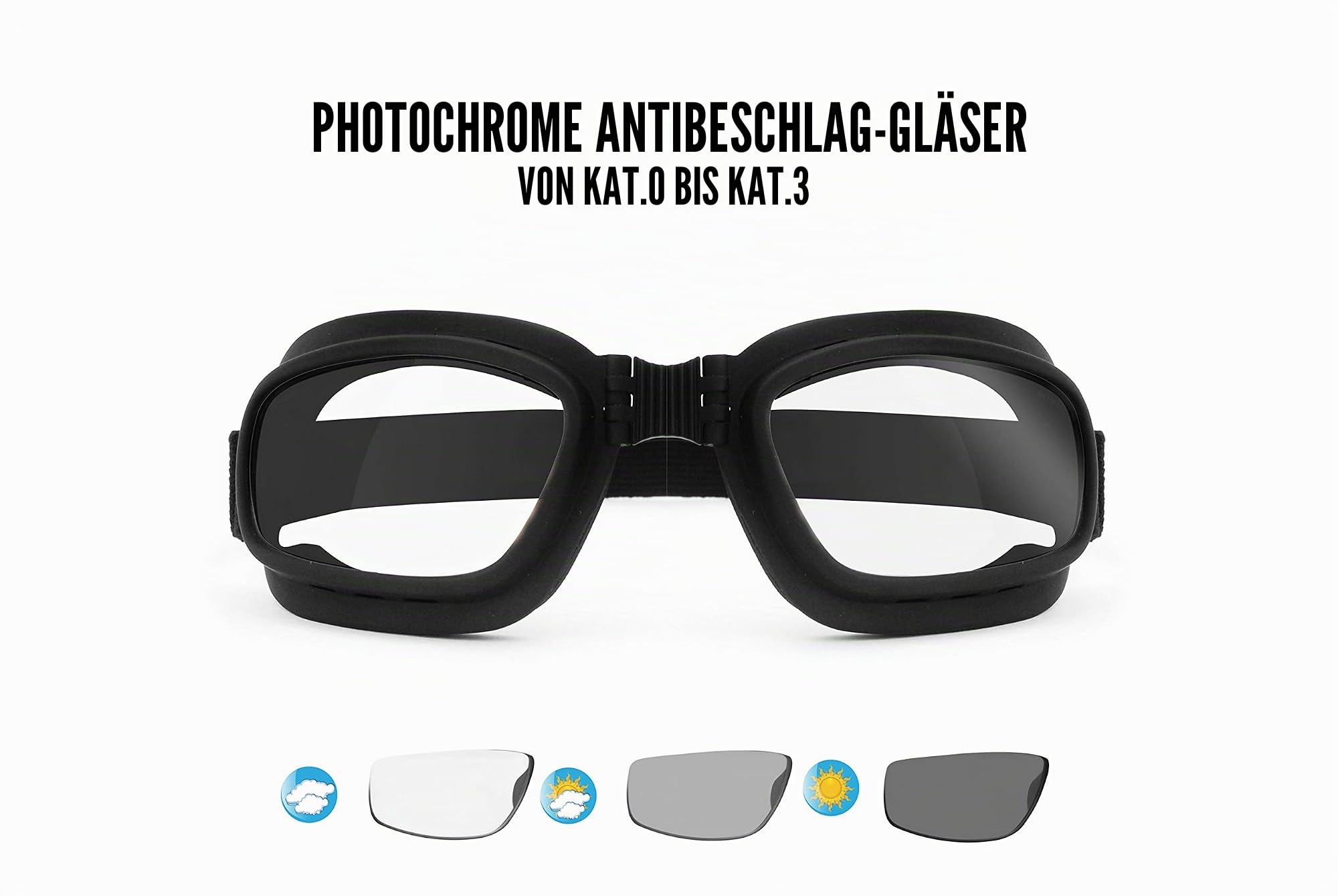 BERTONI Motorradbrille Photochrome - mod. 112 Schwarz Schutzbrille Selbsttönend Bikerbrillen Automatische Scheibentönung