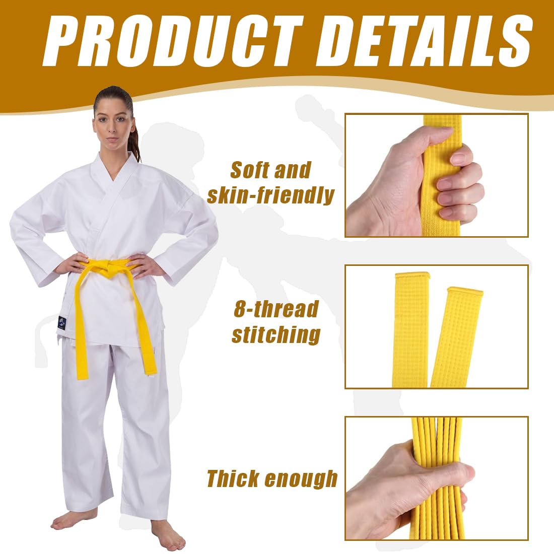 Cinturón de judo y karate de 280 cm, para deportes, artes marciales, cinturones profesionales de taekwondo, cinturón de Aikido, cinturón de tela gruesa para adultos(amarillo)
