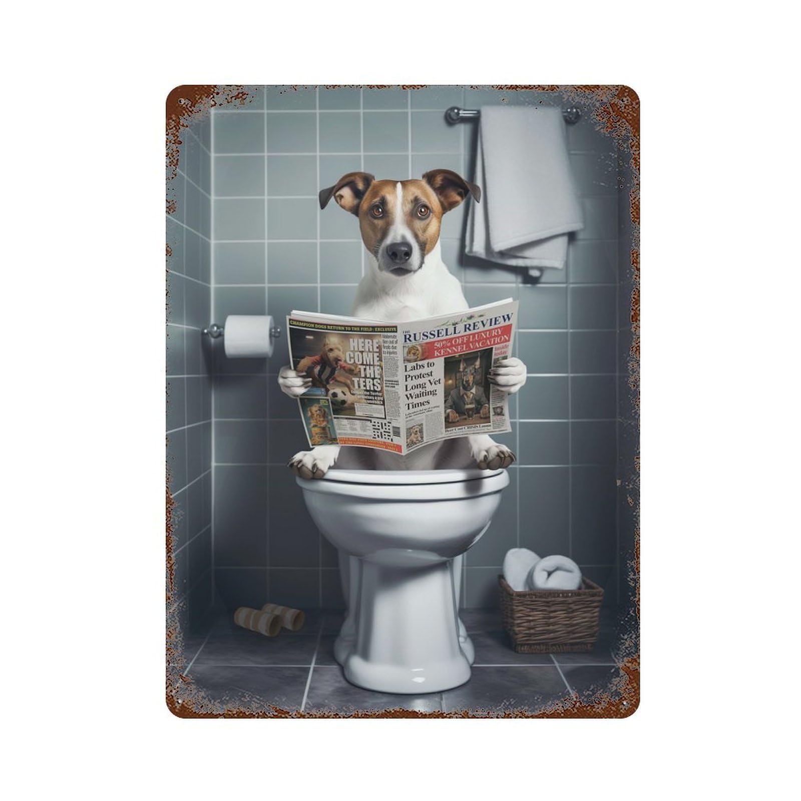 Jack Russell on The Toilet Rust Effect Tin Sign 15.7"x11.8", Ideal for Farmhouse, Kitchen And Entryway Decor