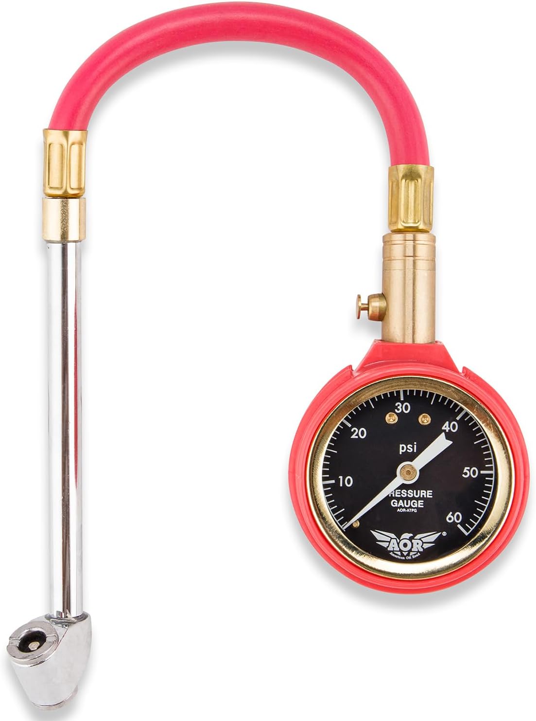 AOR American Off-Road Analog Tire Pressure Gauge with Protective Pouch – Durable Construction, Easy-to-Read Dial, Angled Head for Valve Access, Pressure Release Button, Ideal for Optimal Tire