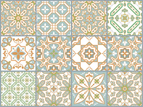The Nisha 12 PC (15 X 15) pegatinas para pared Adhesivo de Pared Salpicadero de Vinilos Azulejos Adhesivos Arte Ecléctico para la Cocina & Baño, 15x15 cm, Fusión oriental
