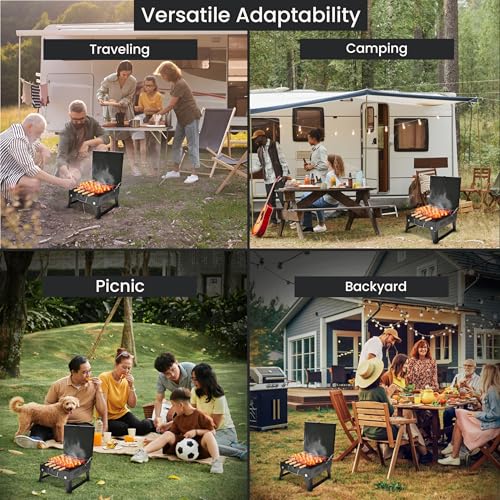 Image of Pivalo Charcoal Barbeque Grill Set | Tandoori BBQ for Home & Outdoor Use | 4 Piece Combo | 5 Skewers | 1 Tong | 1 Glove | Foldable Standing BBQ for Camping, Picnic & Travel Cooking (Pack of 1, Black)