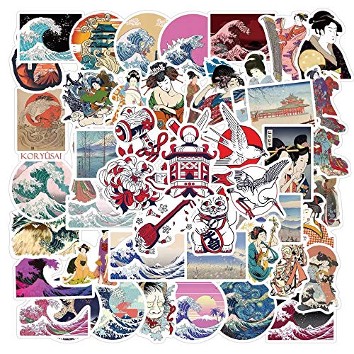 Ukiyoe Stickers| Japanese Ukiyo-e Wave Waterproof Vinyl Stickers for Water Bottles Bicycle Laptop Refrigerator Luggage Computer Mobile Phone Skateboard Bike Decals (50 Pcs)