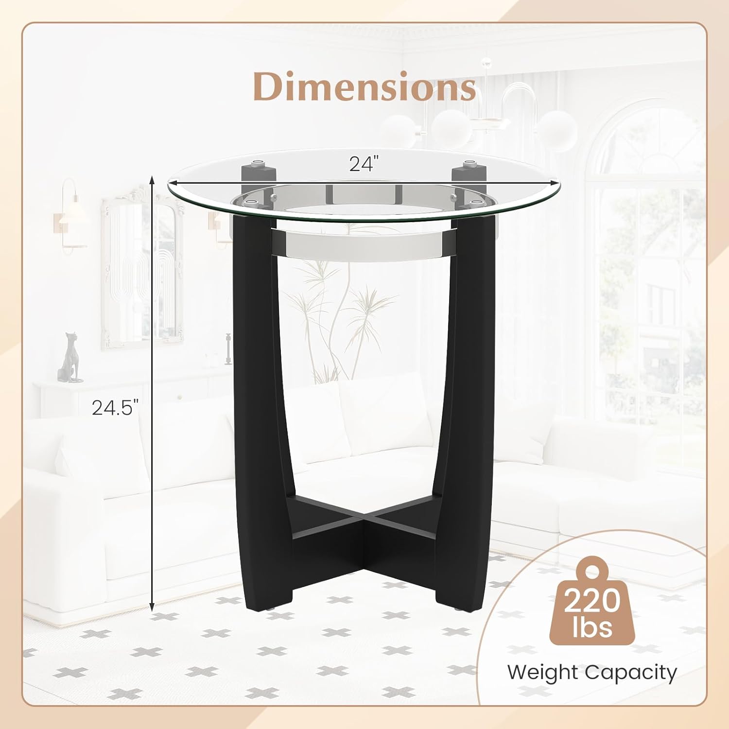 Giantex Round Glass End Table - 24’’ Side Table with Tempered Glass Top, Nightstand with Cross & Solid Rubber Wood Base, Compact Bedside Night Stand for Bedroom Office Living Room (1, Black)