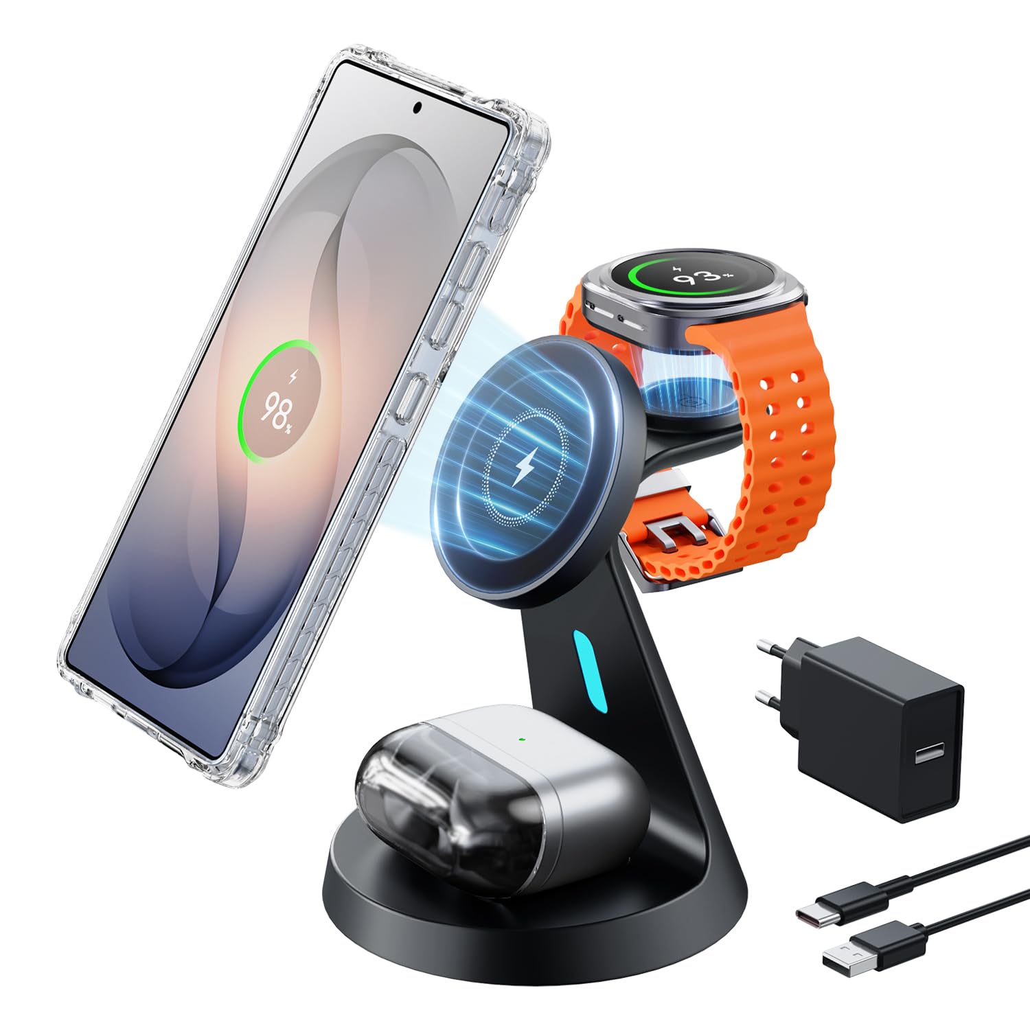 JoyGeek Magnetisch Induktive Ladestation 3 in 1 für Samsung Galaxy S26 Ultra/S25/S24/S23/Z Flip/Fold, Wireless Charger für Samsung Galaxy Watch Ultra/8/7/6/5, Induktions Ladegerät für Galaxy Buds