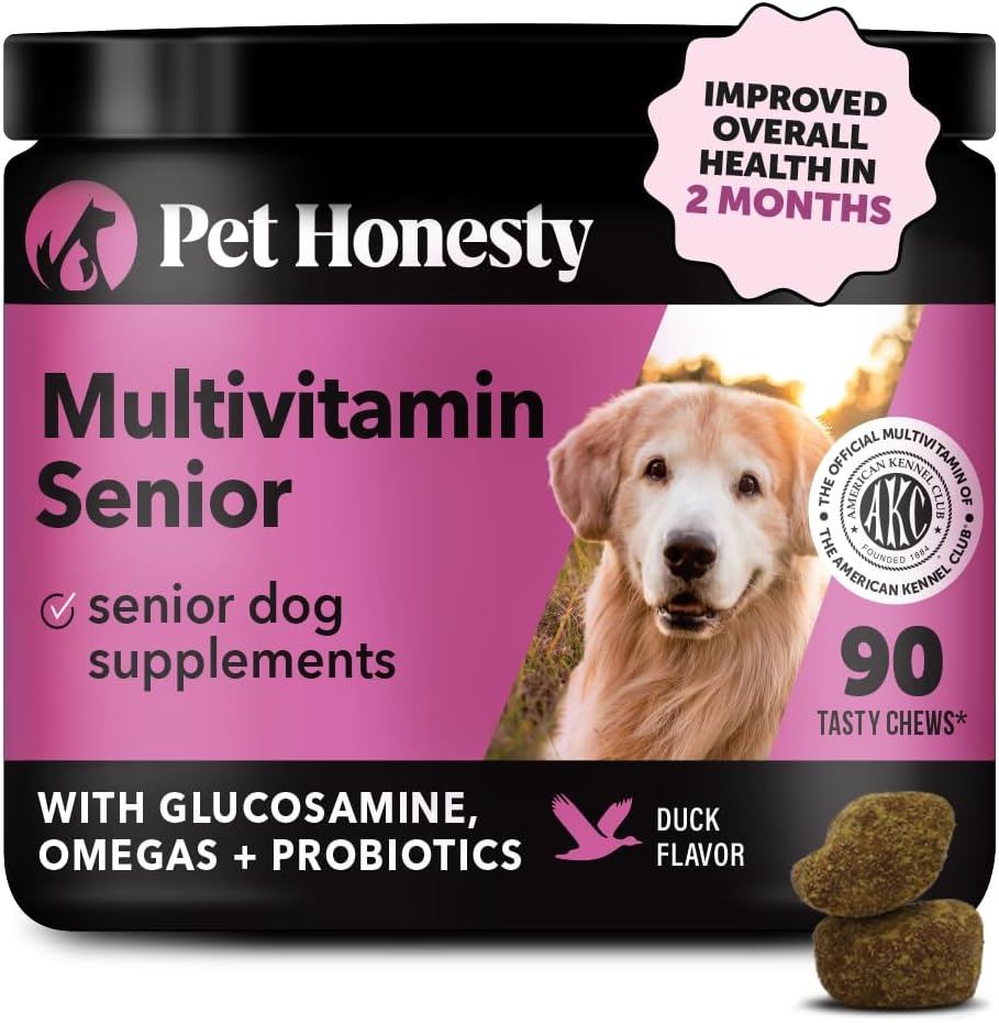 Pet Honesty Senior Dog Multivitamin – Essential Dog Vitamins and Supplements – Glucosamine, Probiotics, Omega Fish Oil for Dogs Health & Heart- Dogs Vitamins Health Supplies (Duck 90 ct)
