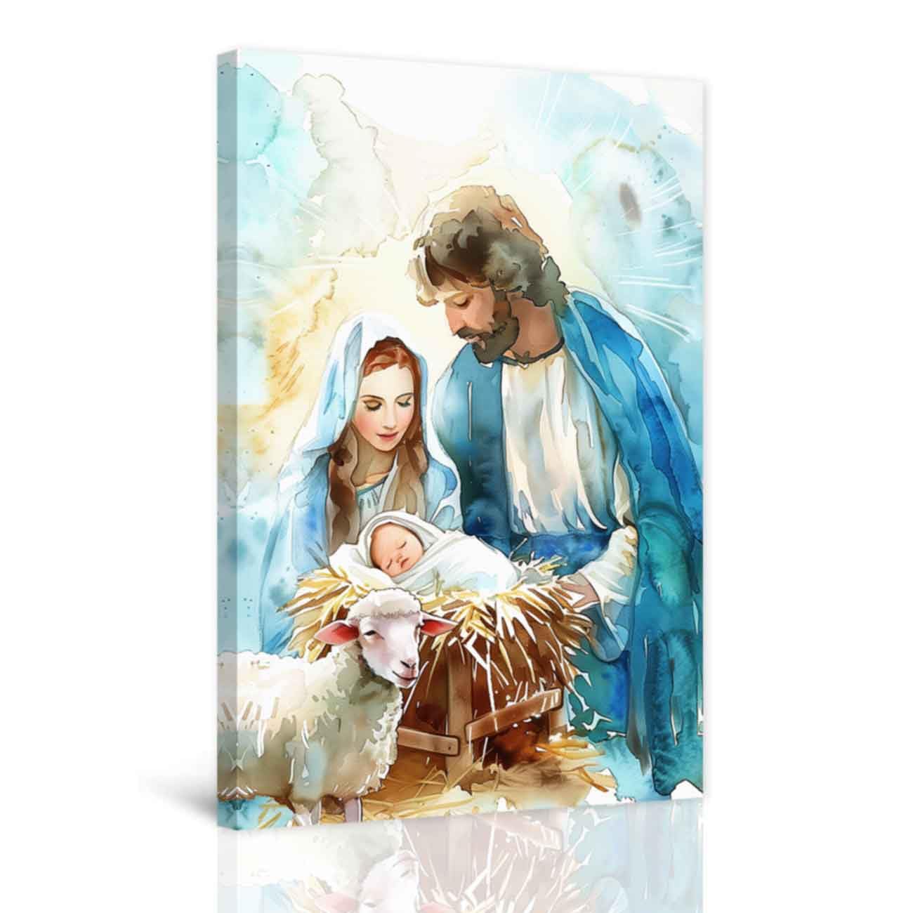 LZIMU Holy Family Picture Wall Art Christian Wall Decor Watercolor Jesus Family Painting Virgin Mary Joseph Canvas Prints Catholic Artwork for Church Decor Framed (Blue, 70.00 x 105.00 cms)