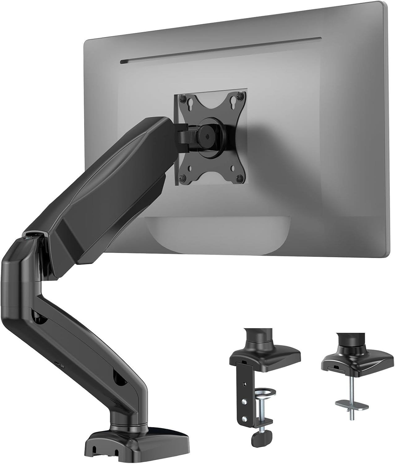 WALI Single Monitor Arm Mount Stand Fully Adjustable Gas Spring VESA Desk Mount Swivel Bracket with C Clamp, Grommet Mounting Base for Display Up to 32 Inch,19.8lbs. Capacity (GSMP001), Matte Black