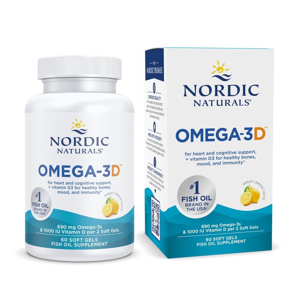 Nordic Naturals Omega-3 + Vitamin D3, EPA & DHA, Lemon - 60 Count 60 Count (Pack of 1)