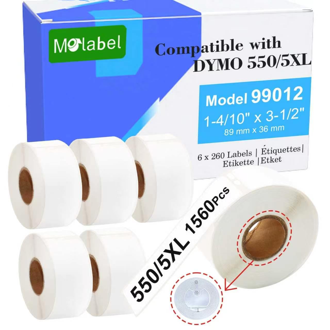 Molabel 6 Rolls 99012 RFID Labels 36 x 89 mm for Dymo LabelWriter 550