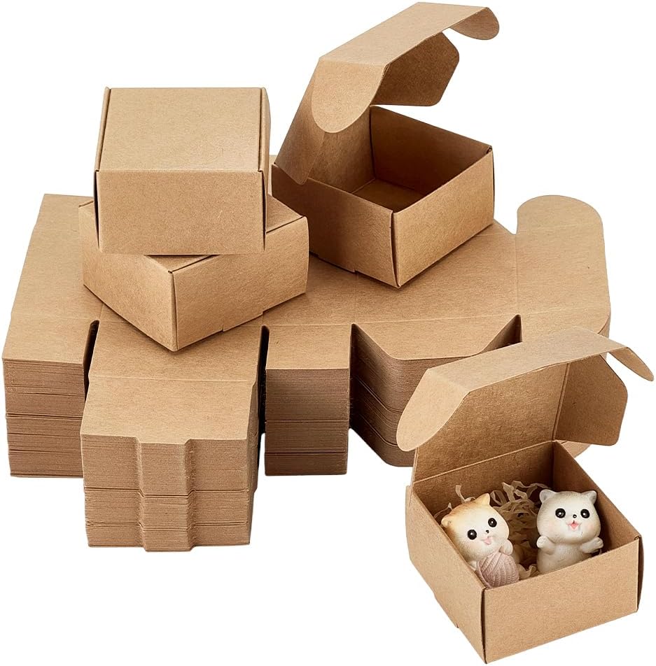 PH PandaHall 100pcs Kraft Paper Box, 2.4x2.4x1.3 inch Small Shipping Boxes Gift Wrapping Boxes Foldable Packing Box for DIY Craft Projects Jewelry Storage Wedding Birthday Party Gift Packaging