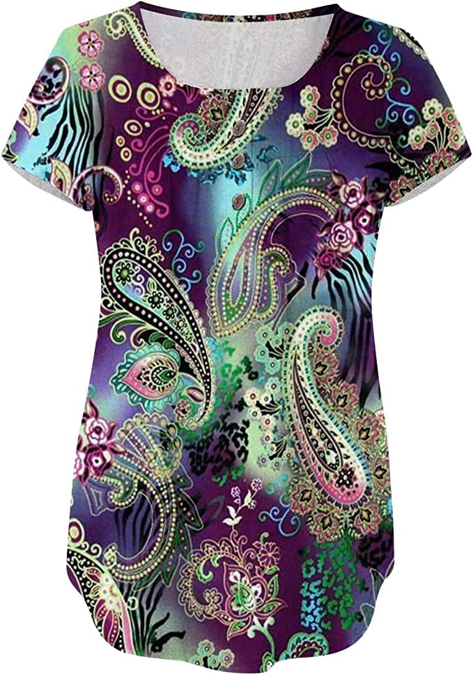 Womens Tops Hide Belly Tunic Summer Short Sleeve T Shirts Flowy Henley Tshirt Casual Dressy Blouses for Leggings3