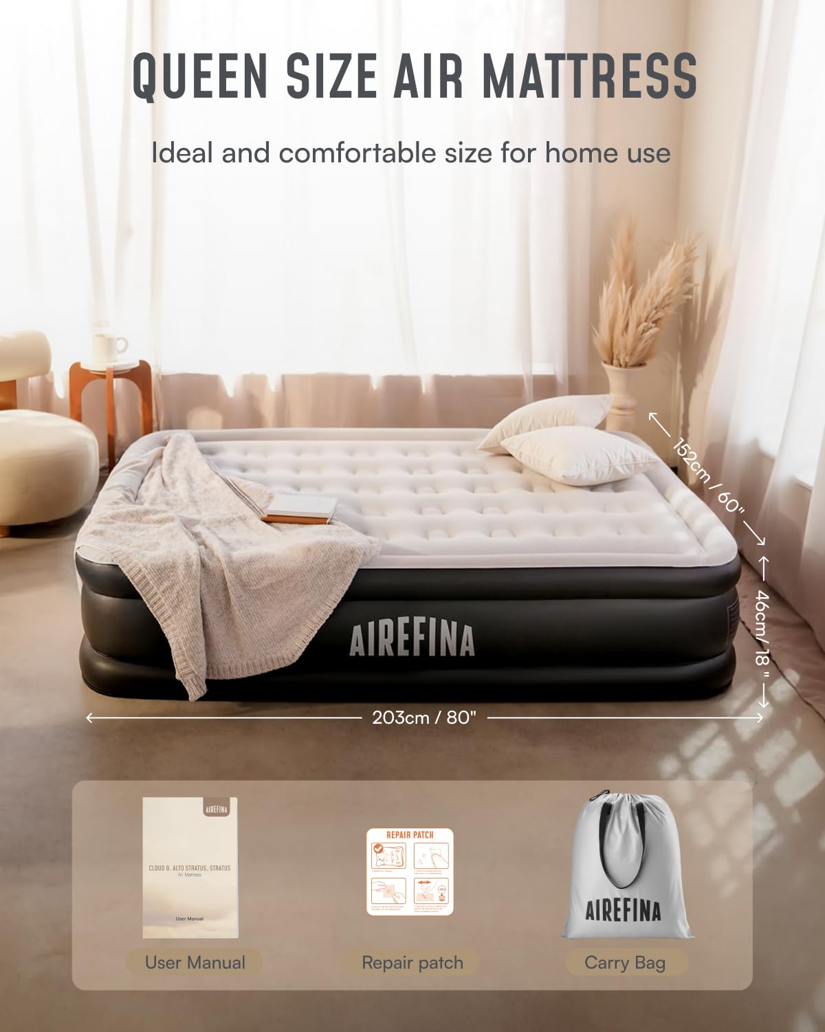 Airefina Air Mattress Queen with Built in Pump, 18 Raised Comfort