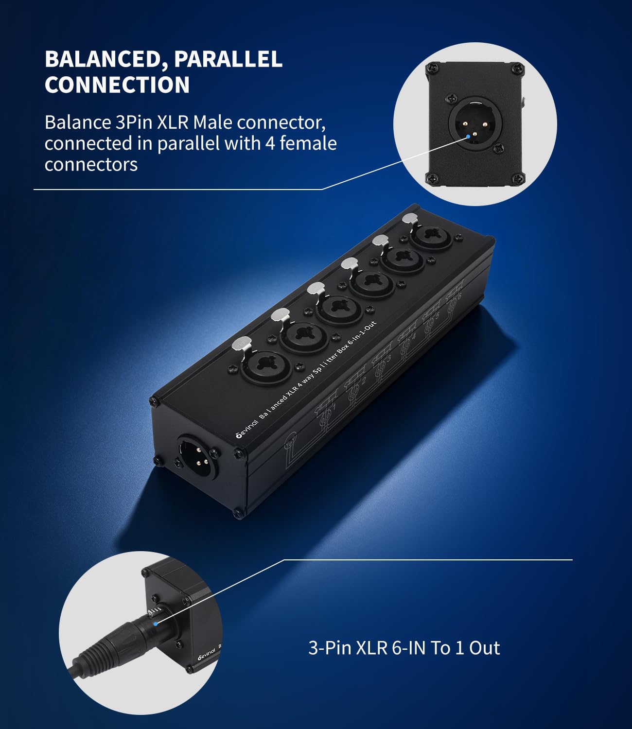 Connettore combinato TS/TRS XLR a 3 pin da 6,35 mm, scatola audio passiva stereo a 6 vie, cavo splitter box 6 in 1, sei convertitore bilanciato da 0,25 pollici o XLR femmina a 1 maschio