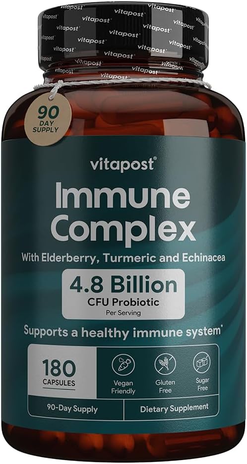 Immune Complex Supports a Healthy Immune System with Vitamin C, Elderberry, Zinc, Echinacea, Garlic & Turmeric. Dietary Supplement, 180 Capsules
