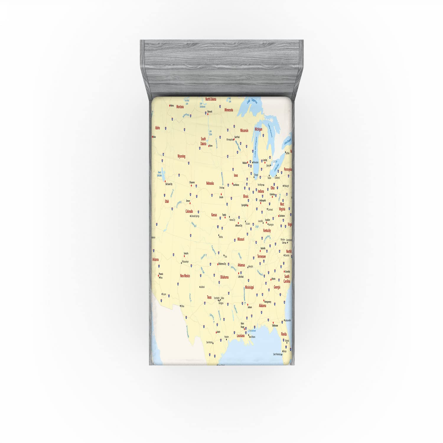 Ambesonne Map 2 Pack Fitted Sheet, America Cities Interstate, Bed Cover All-Round Elastic Deep Pockets 2 Pieces, Package Contains 2 Twin Size Fitted Sheets, Yellow Vermilion