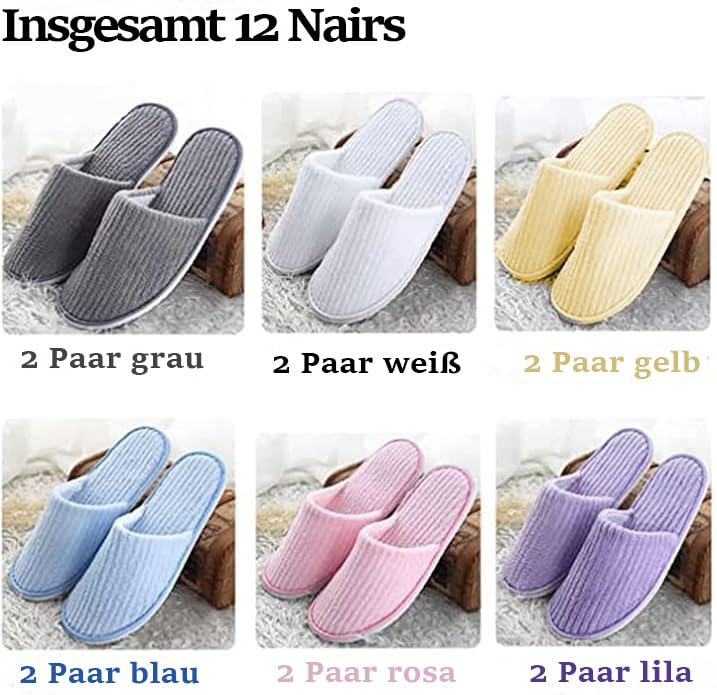 12 Paar Hotelslipper Bunt Hausschuhe Set für Gäste, Einweg Universalgröße Waschbar Antirutsch Korallenvlies Hotel Badeslipper Für Party Gast Pantoffel (6 Farben)