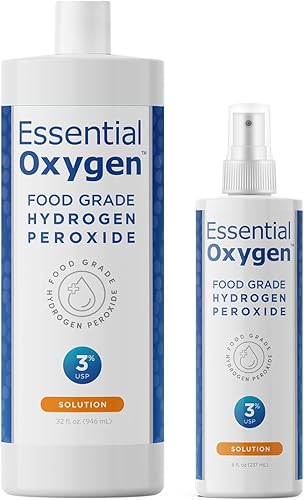 Essential Oxygen, Peróxido de hidrógeno de grado alimenticio, 8 + 32 onzas líquidas, limpiador natural, 3%, spray de 1 a 8 onzas líquidas y 1