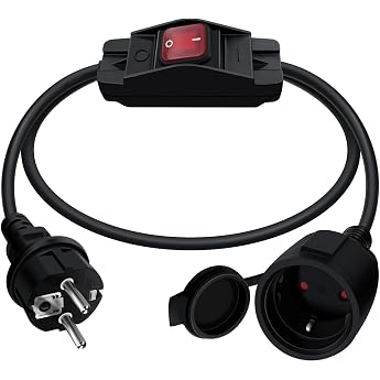 Schuko Extension Cable with Switch 16 A 250 V Protective Contact Extension Cable with Switch 3 x 1.0 mm  Extension Cable IP44 for Outdoor or Indoor Use Black 1.5 m