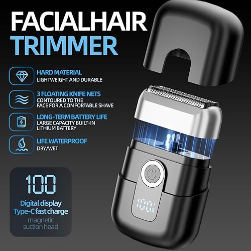 Miniatura 3 de Mini afeitadora de triple lámina para hombre maquinilla de afeitar eléctrica, agarre ergonómico, resistente al agua IPX7, tiempo de funcionamiento