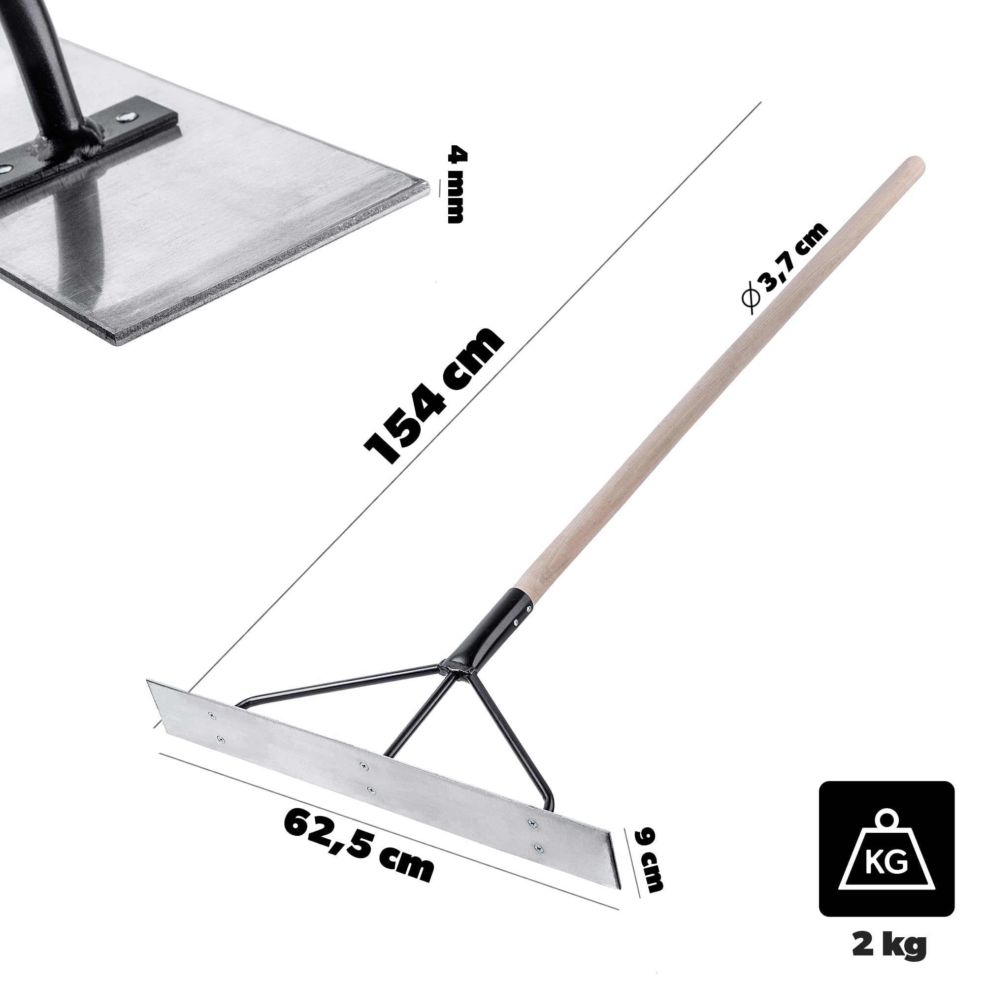 KADAX Distributeur de béton en aluminium, 62,5 x 9 x 154 cm, distributeur de goudron profilé, lames de béton triple entretoise, pelle à béton (avec manche)