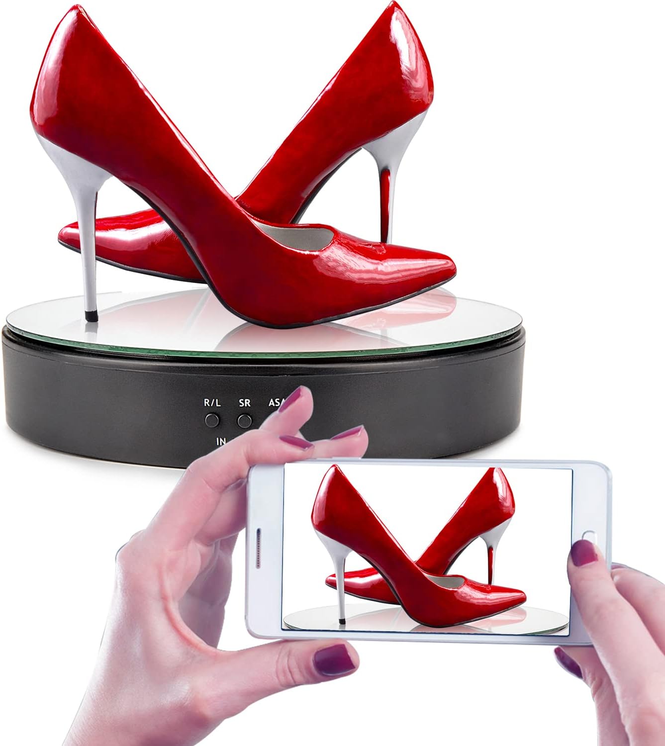 Leadleds Motorized Rotating Display Stand, 7.7" Black Top Mirror USB and Battery Operated Display Turntable for Photography, Video, Product, Shoes, Cake Stand