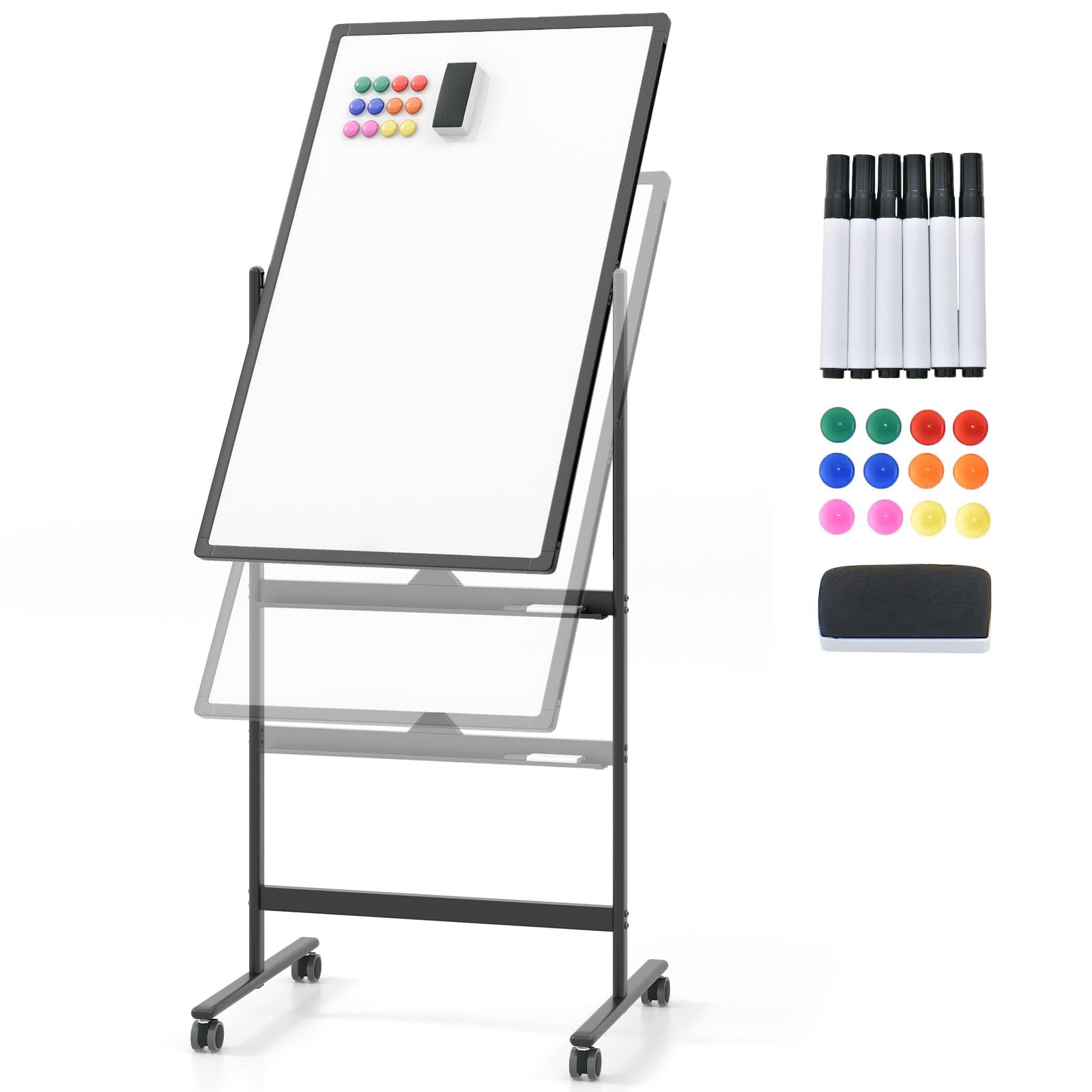 GIANTEX Doppelseitiges mobiles Whiteboard, 60 x 90 cm, magnetisches Whiteboard höhenverstellbar mit Rollen & Ständer, Magnettafel mit Stiftablage, inkl. Zubehör, Trocken abwischbar (Schwarz)