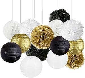 New Years Decorations Gold Black White Party Decor Kit Tissue Paper Pom Poms Flower Paper Lantern Paper Honeycomb Balls Party Hanging Decoration Favor for New Year's Eve Party /Birthday Decorations