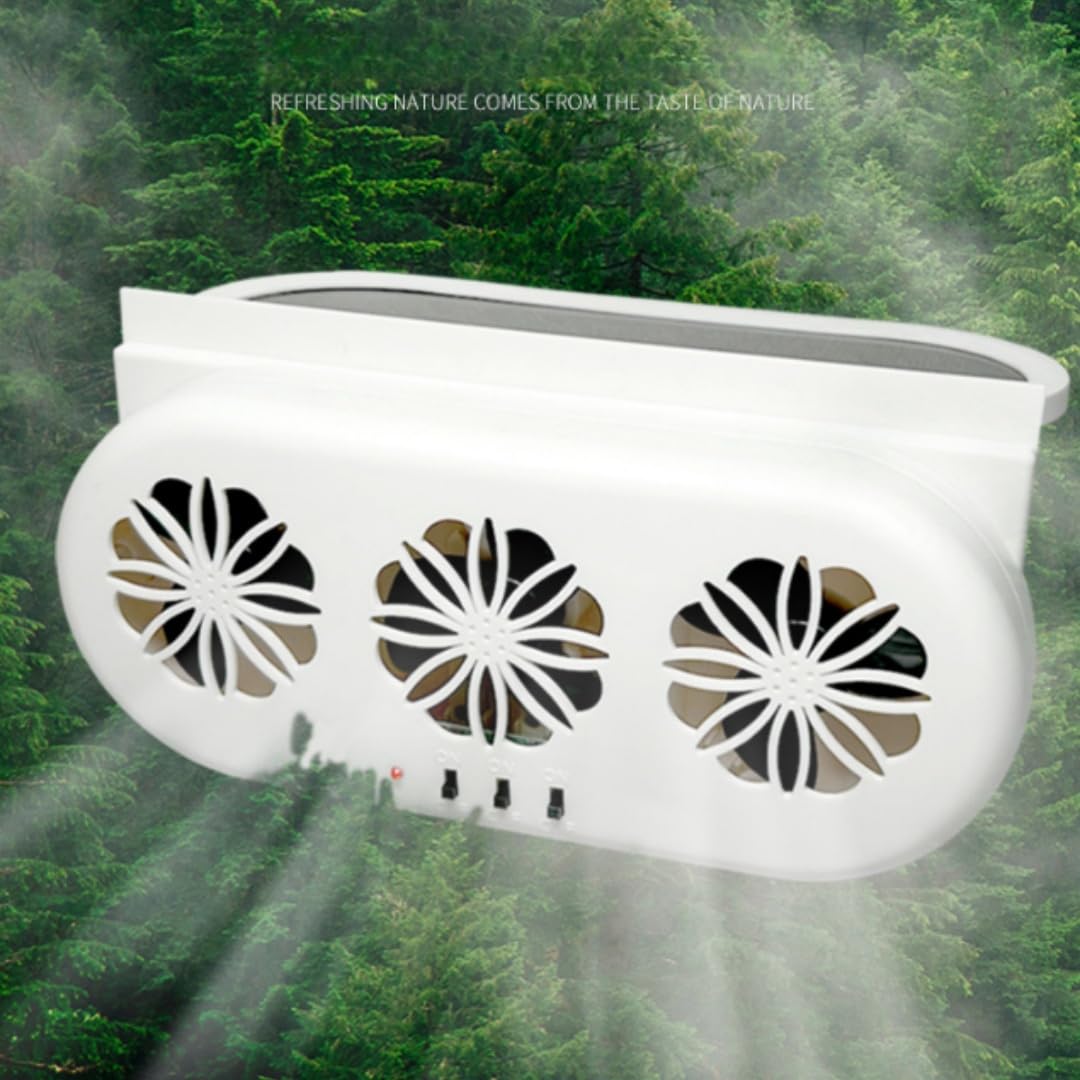 Photo 1 of Solar Ventilation Fan for Car,Car Solar Powered Fan,Car Window Exhaust Fan With Three Air Outlet,Solar Power Car Window Fan,Solar Car Window Vent Fan for Most Models of Cars,White