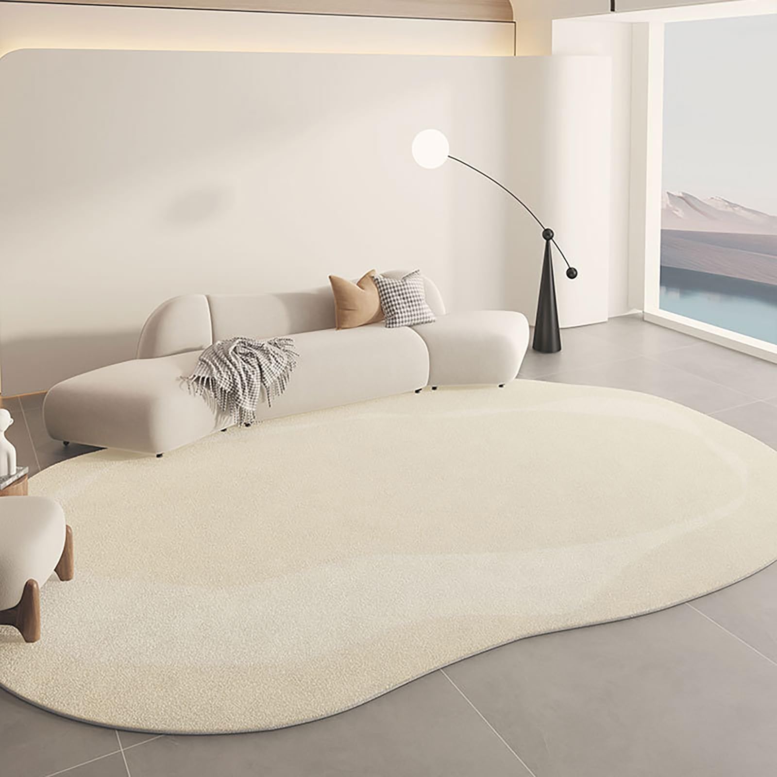 Irregular Shape Area Rug, Non-Slip Washable Rug, Modern Abstract White Faux Wool Rugs, Oval Wavy Lines Print Carpet for Living Room Bedroom Home Decor