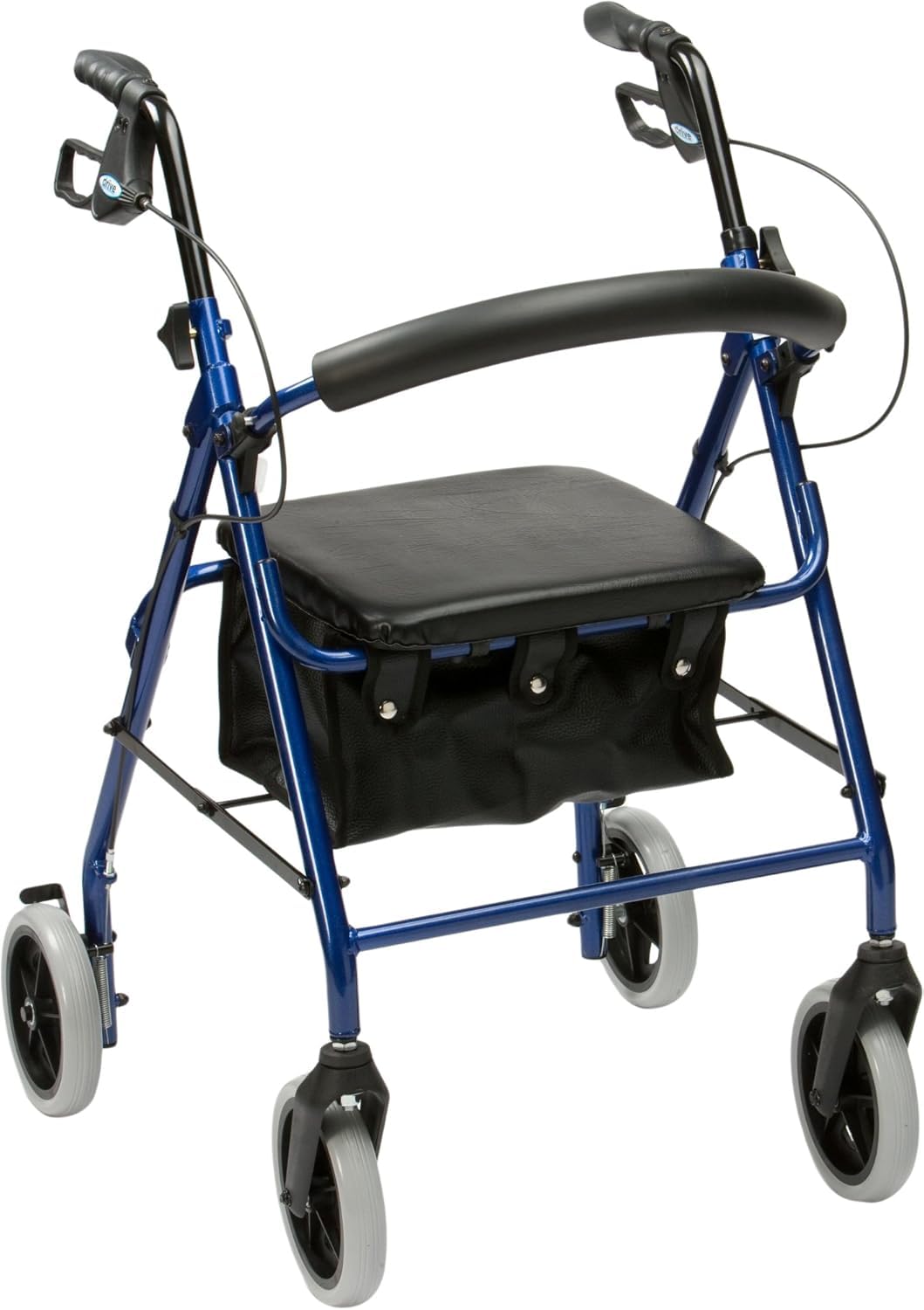 drive Blue 4 Wheel Walker Folding Rollator with Padded Seat, Locking Brakes, Height Adjustable Handles and Carry Bag