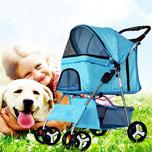 Foldable Pet Stroller 4 Wheeler, Detachable Travel Carrier for Small Dog Cat, Light Weight and Easy to Walk Folding Travel Carrier for Small Pets (Blue-White)