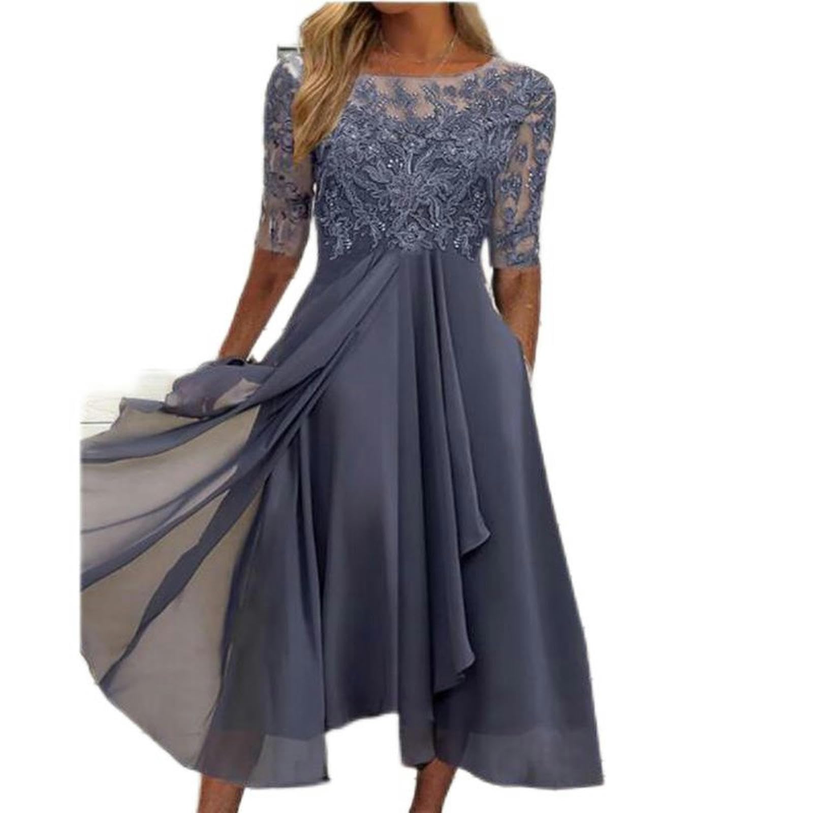 WEITING European and American Spring and Summer Bridesmaid Evening Dress Lace Mid-Sleeve Hollow Chiffon Dress-No. 2 Color Purple-M