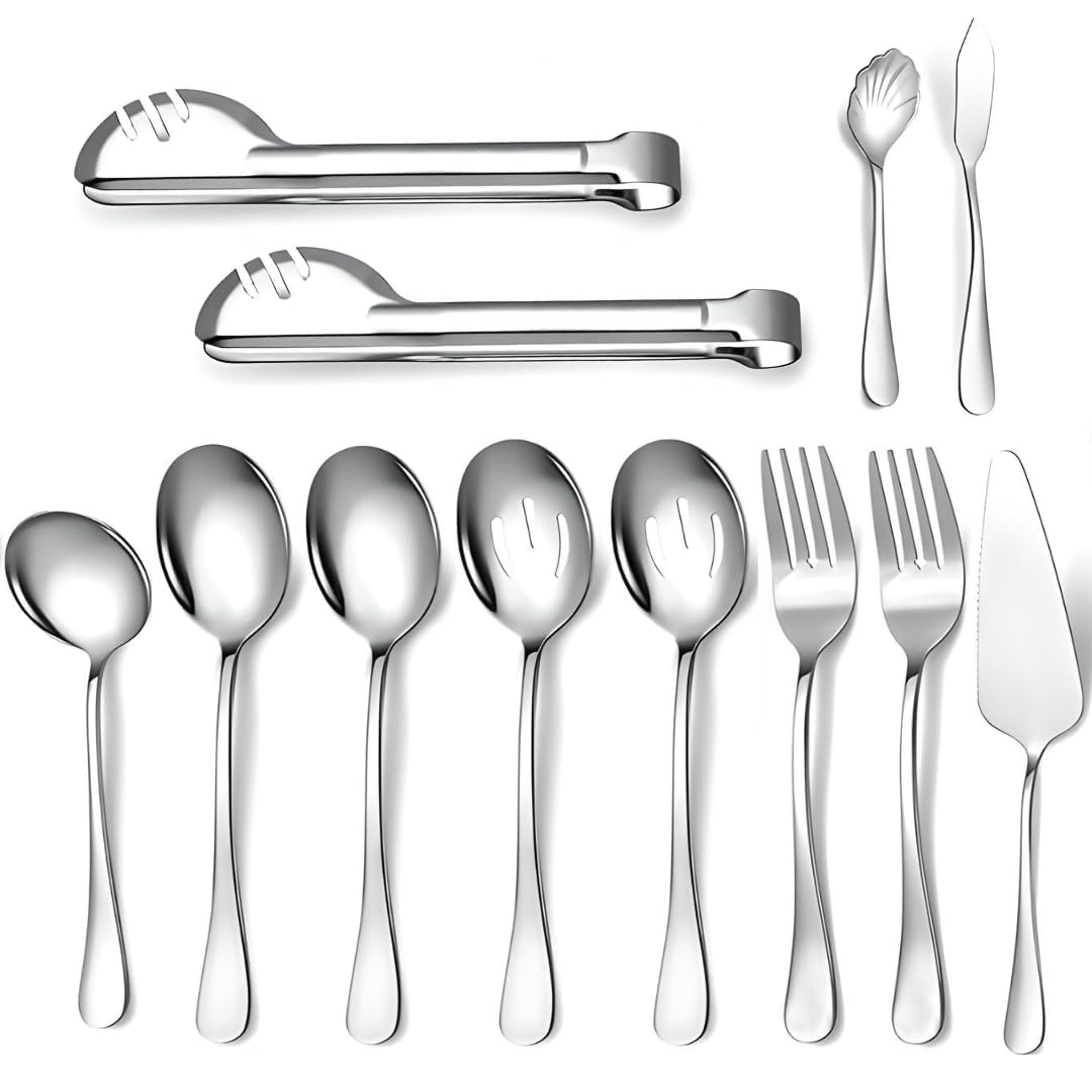 12Pcs Stainless Steel Serving Utensils Set for Parties, Stainless Steel Serving Set Utensil Includes Large Serving, Slotted & Tea Spoon, Soup Ladle, Fork, Tong, Butter Knife & Pie Server (Sliver)