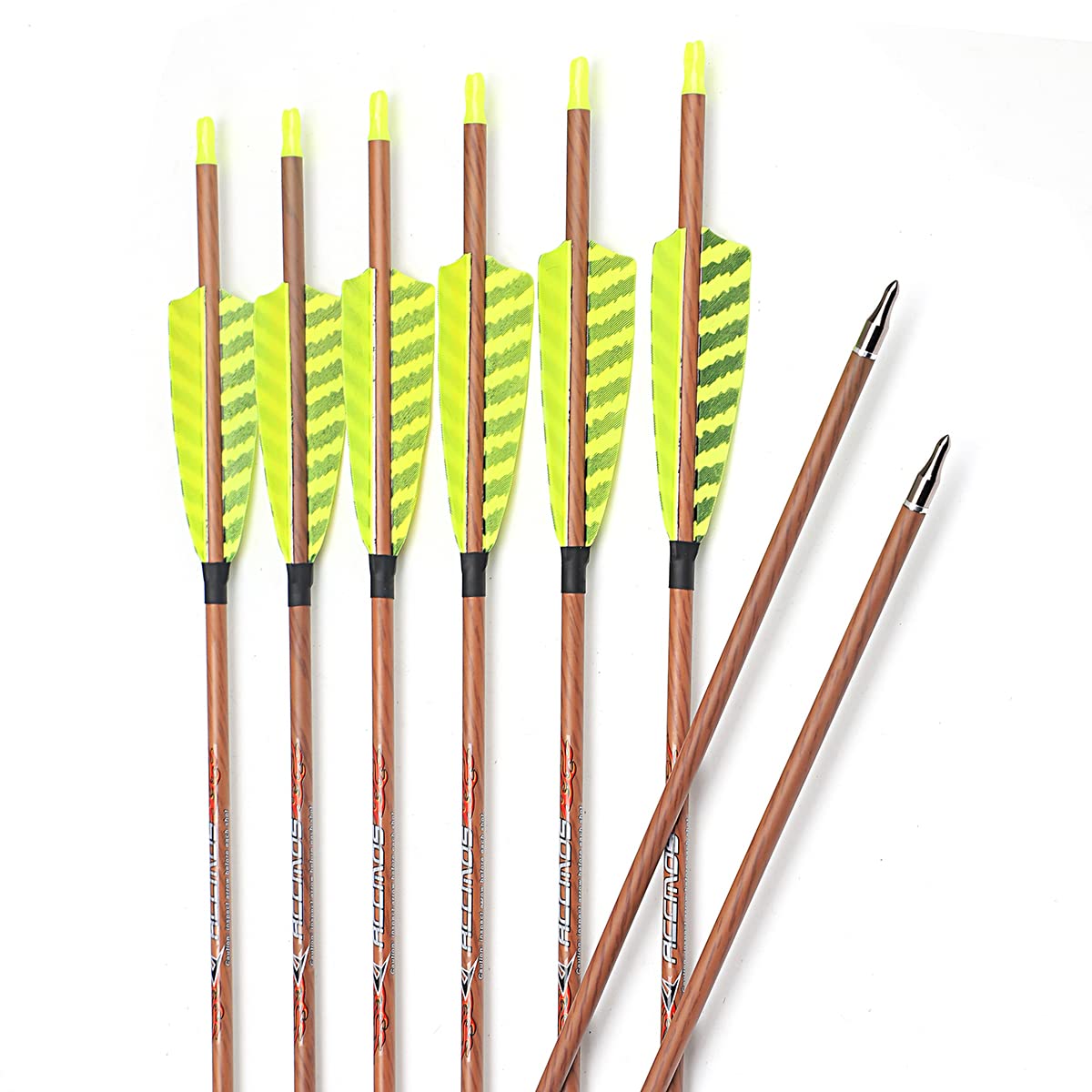 ACCMOS ID 6,2 mm Grana del Legno Frecce in Carbonio 4" Strisce Gialle Piuma Spine 350 400 500 600 700 Frecce da Caccia per Tiro con L'Arco 6 Pezzi (31inch, Spine 600)