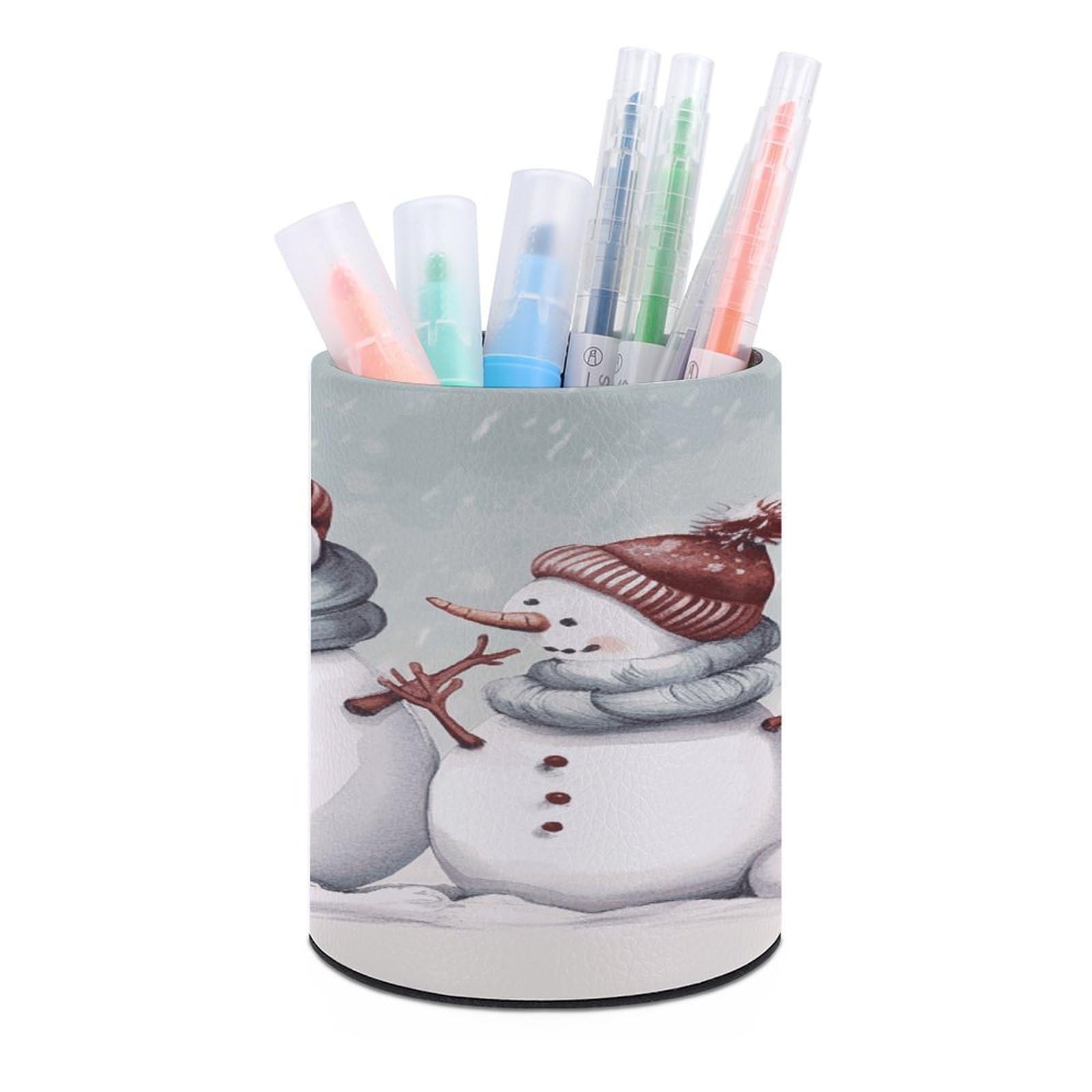 VstaDank - Winter Snowman Round Pen Holder Pencil Holder PU Leather Desk Organizer Stand for Desk Desk Decor Office