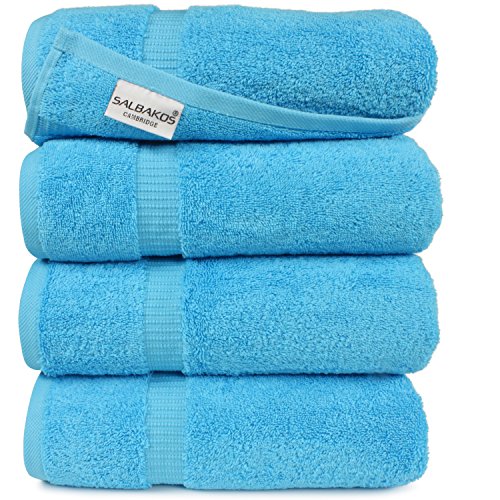 SALBAKOS 100% Turkish Cotton Bath Towel Set of 4 27x54 inch | Heirloom Quality | Hotel & Spa Collection | Ultra Soft, Super Absorbent, Long Lasting Bath Towels | Made in Turkey (Aqua, 4 Bath Towels)