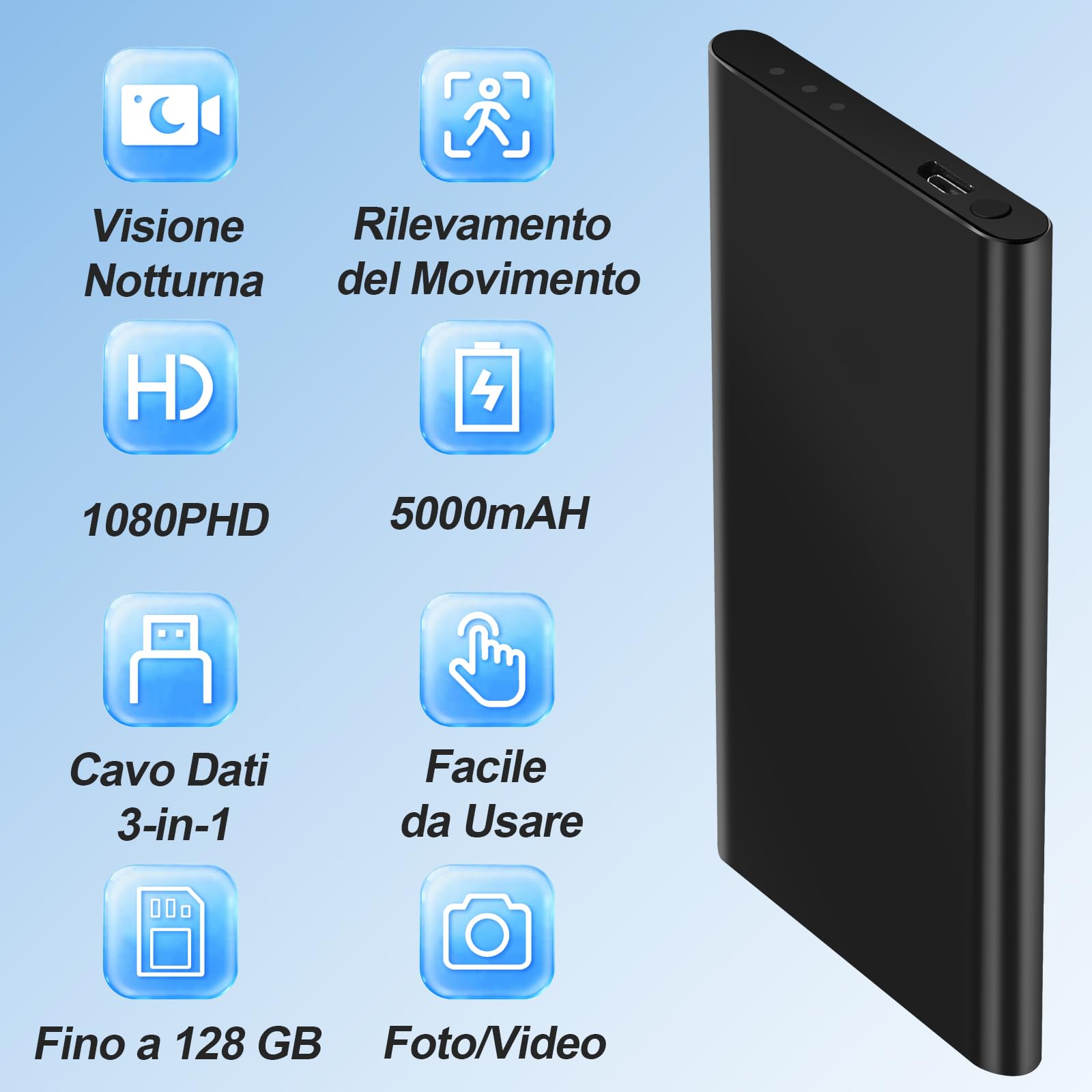 Telecamera Spia Power Bank 1080P 5000mAh, 17h registrazione | 2-in-1, Portatile, registrazione in loop, visione notturna, compatto,Tascabile