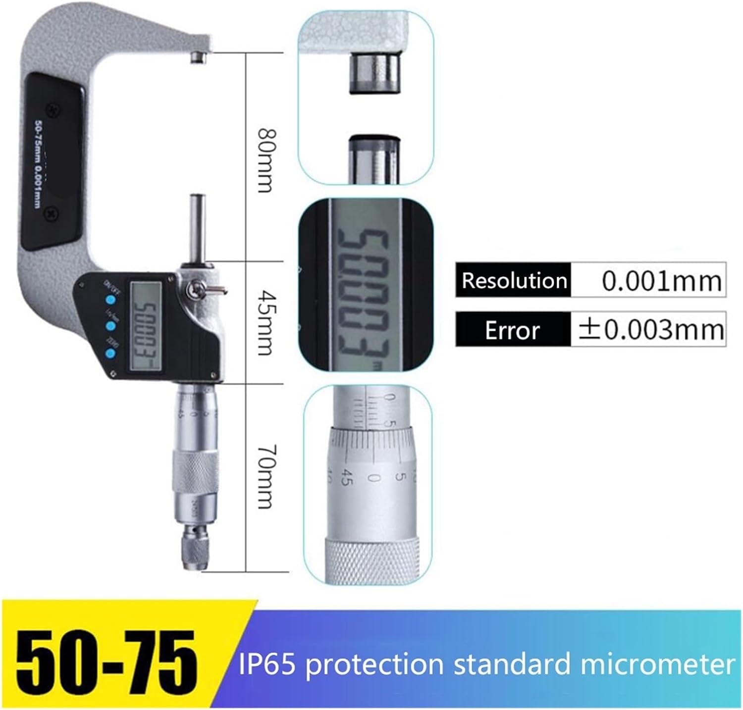 0-25-50-75-100mm IP65 Digital Outside Micrometer Electronic Micrometer Gauge 0.001mm Measuring Tools(0-25mm)
