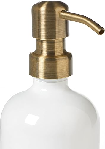 Miniatura 2 de Dispensador de jabón blanco con bomba de latón envejecido, dispensador de botellas de vidrio de 16 onzas para jabón líquido, loción o champú