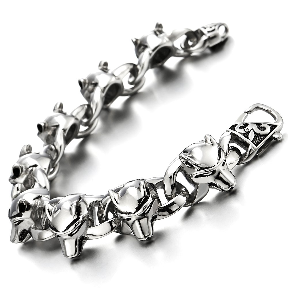COOLSTEELANDBEYOND Biker Punk Stainless Steel Link of Wolf Bracelet for Men for Polished