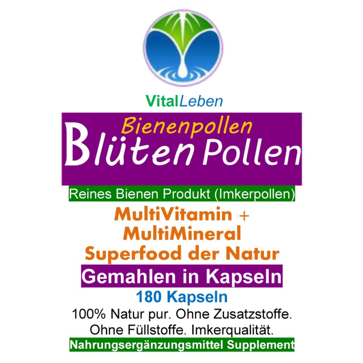 BLÜTENPOLLEN Bienenpollen 540 (3x180) Pulver Kapseln OHNE ZUSATZSTOFFE natürliche Vitamine Mineralien Antioxidantien. Imkerpollen, Imkerqualität. Kalt vermahlen. 100% NATUR pur. 27000-5