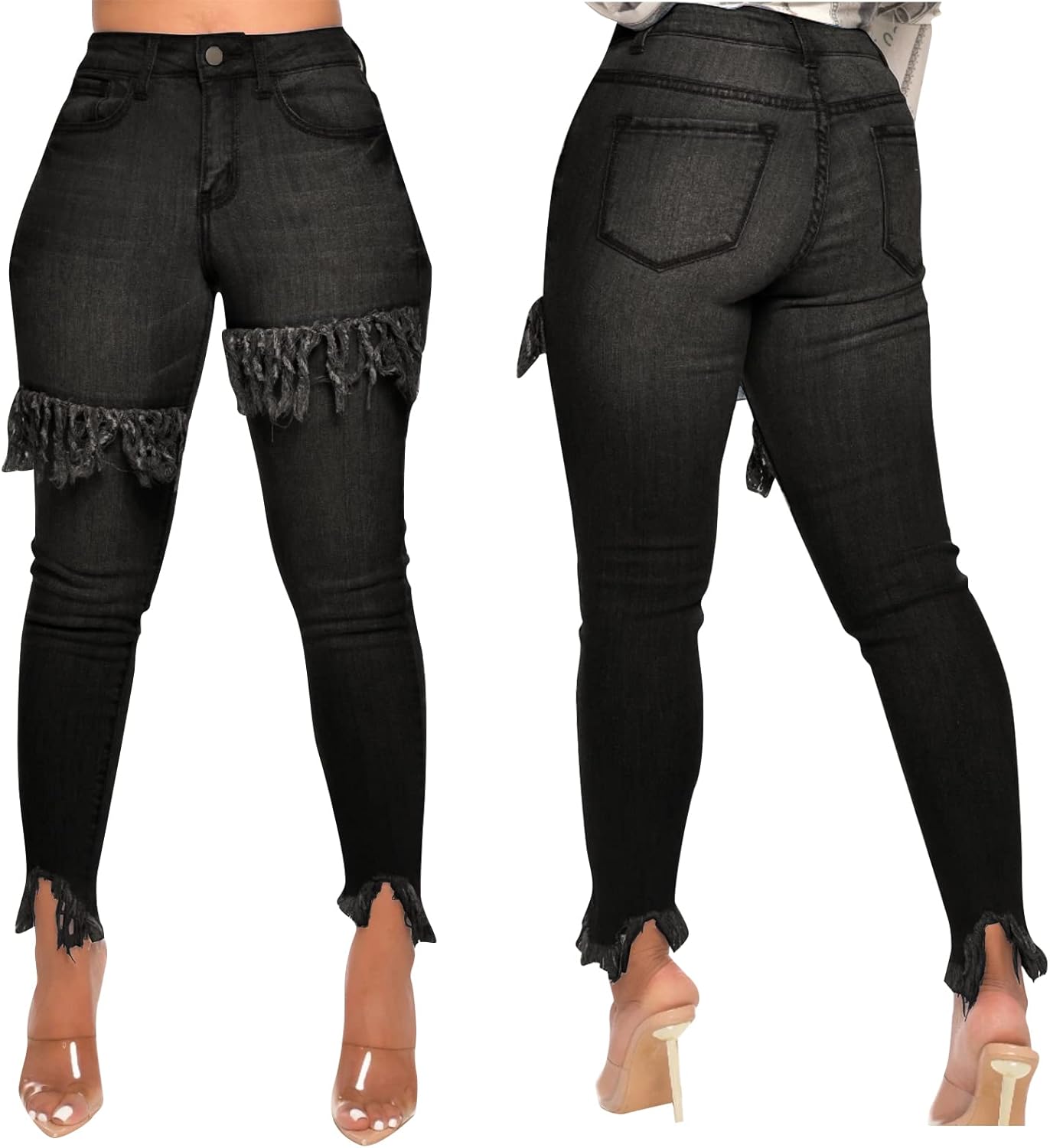 FairBeauty Women's Skinny Stretch Jeans Frayed Raw Hem Slim Fit Jeans Ripped Denim Pants - Image 4