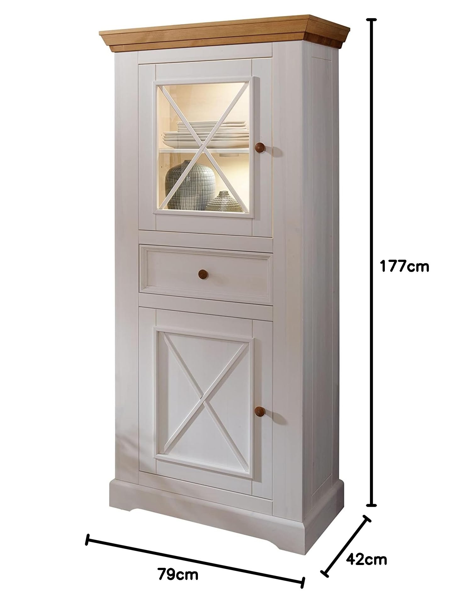 Woodroom Oslo Vitrine Vitrinenschrank Standvitrine Wohnzimmerschrank, Holz, Weiß, BxHxT 79x177x42 cm
